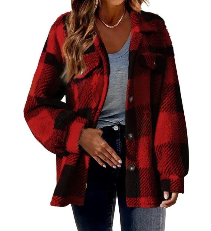 Plush Plaid Women's Autumn & Winter Open Button Lapel Thermal Plaid Pattern Jacket