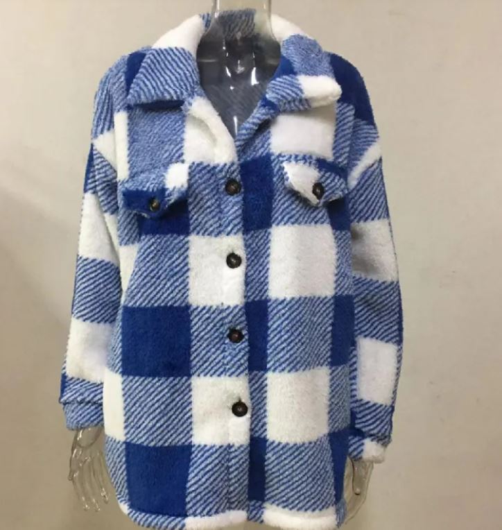 Plush Plaid Women's Autumn & Winter Open Button Lapel Thermal Plaid Pattern Jacket