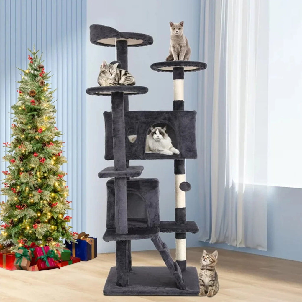 Ultimate 54-Inch Double Condo Cat Tree Tower with Scratching Post & Cozy Perch for Indoor Cats - Stylish Ashy Design