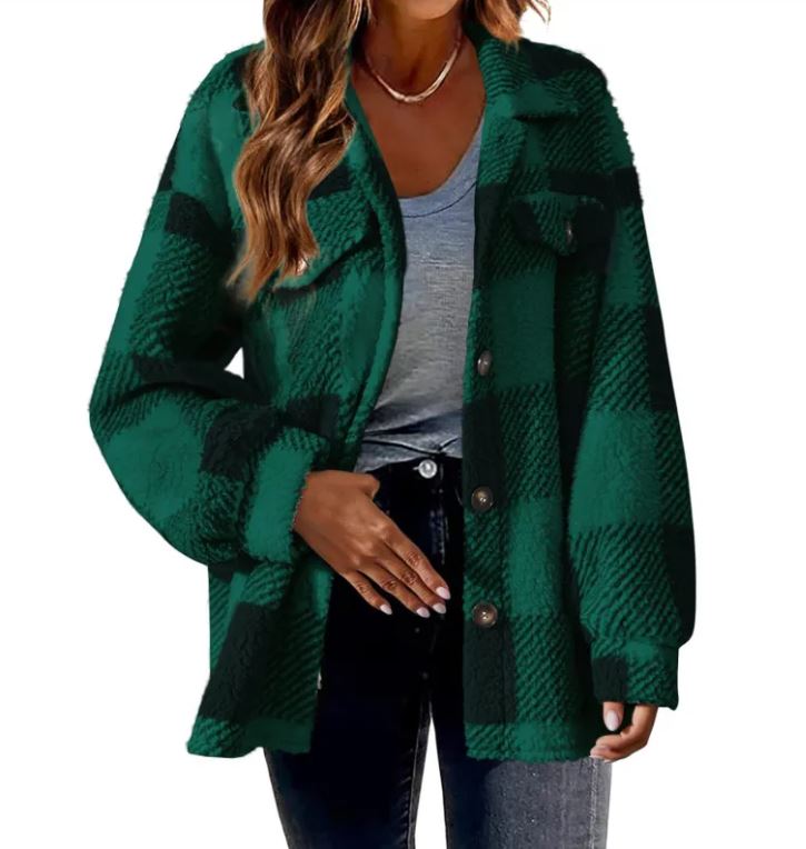 Plush Plaid Women's Autumn & Winter Open Button Lapel Thermal Plaid Pattern Jacket