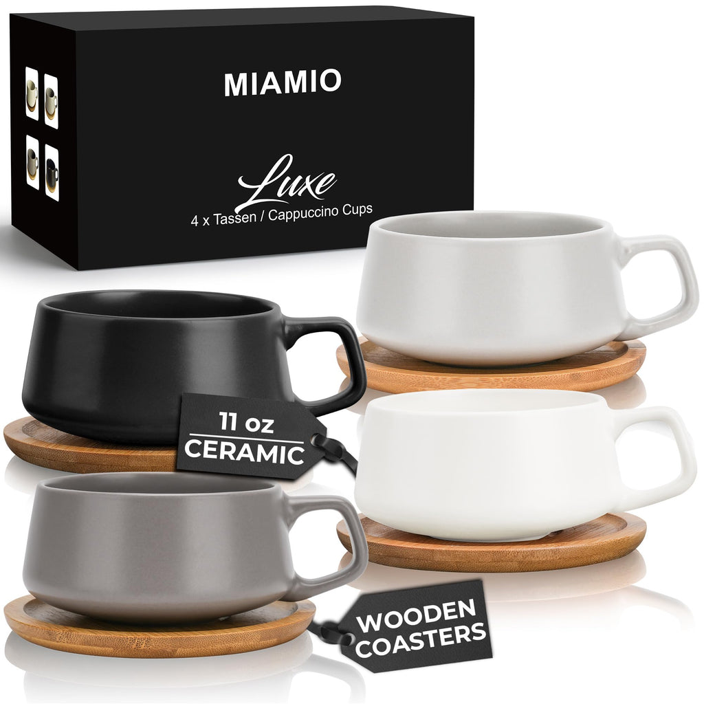 MIAMIO – 11 Oz. Set of 4 Ceramic Tea Cup and Saucer Bamboo/Tea Mug - Wide Cappuccino Cup C