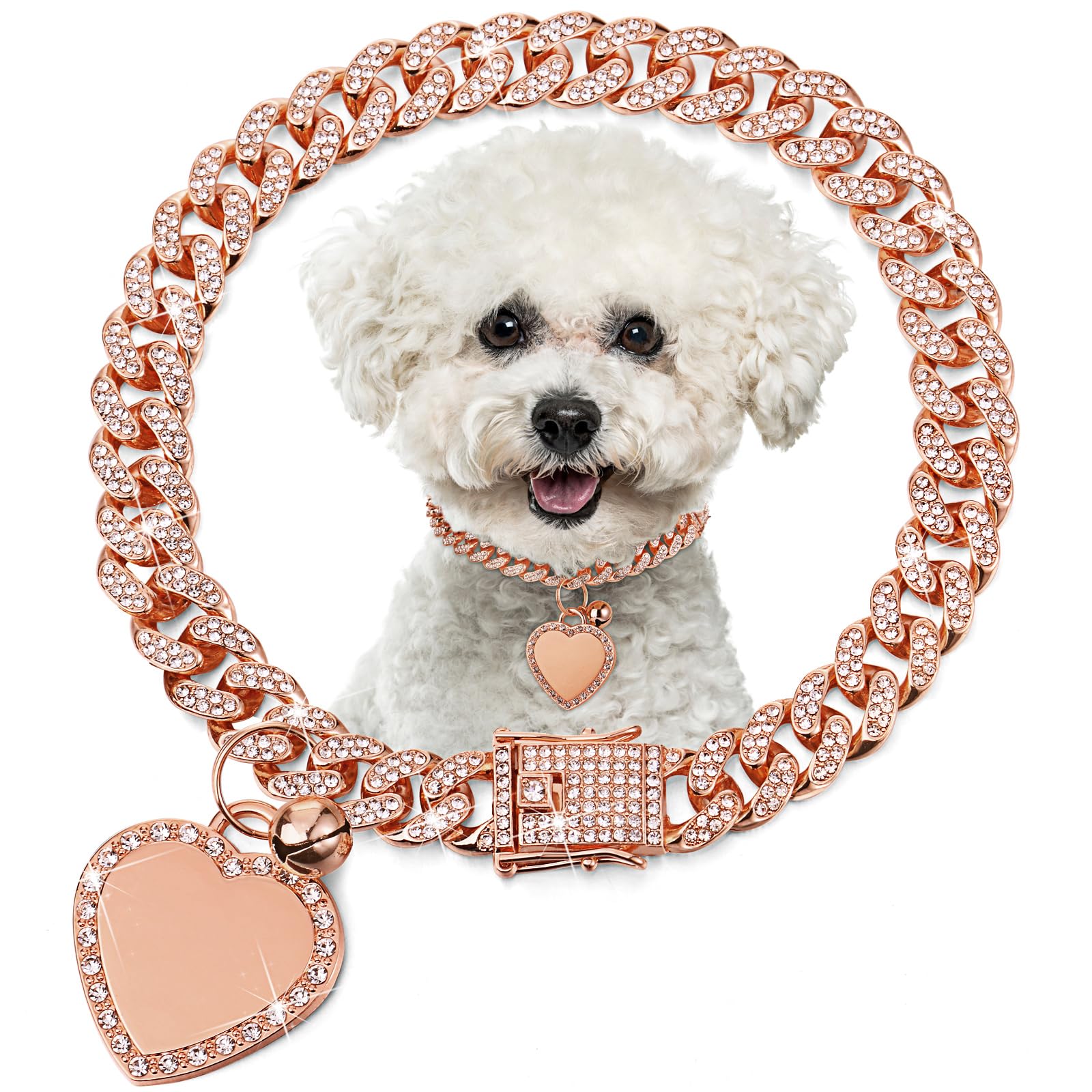 Hillban Dog Chain Rose Gold-Plated Diamond Collar with Heart Rhinestones Jewelry Accessori