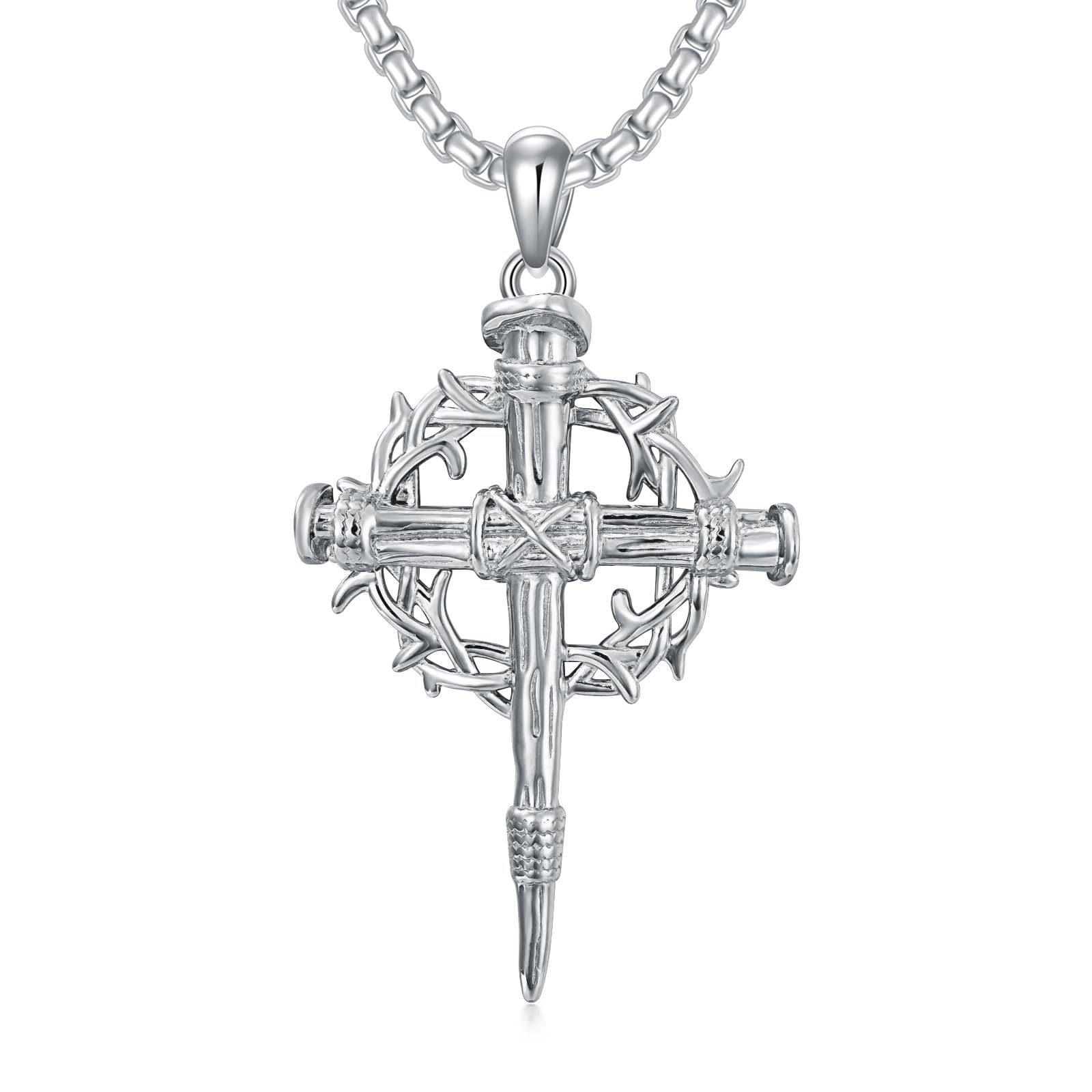 Lattd Nail Cross Necklace 925 Sterling Silver Crow of Thorn Nail Cross Pendant Christian J