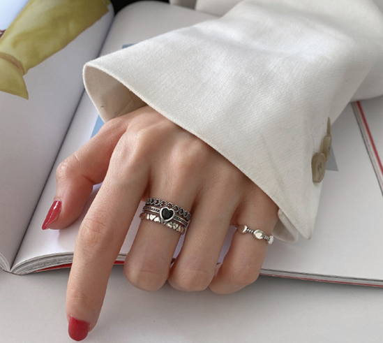 Vintage Heart Three-Layer Ring for Women in Silver