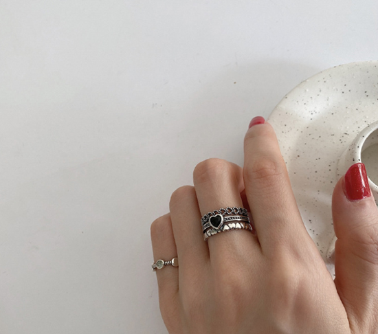 Vintage Heart Three-Layer Ring for Women in Silver
