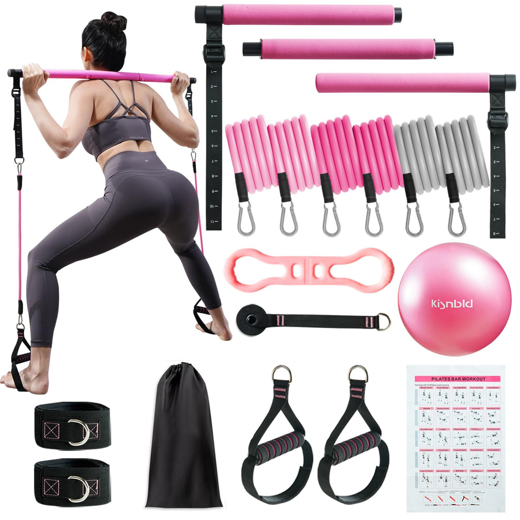 kisnbld Pilates Bar Kit with Resistance Bands Multifunctional Pilates Bar with 3 Set Exerc