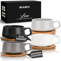 MIAMIO – 11 Oz. Set of 4 Ceramic Tea Cup and Saucer Bamboo/Tea Mug - Wide Cappuccino Cup C