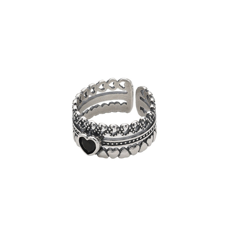 Vintage Heart Three-Layer Ring for Women in Silver