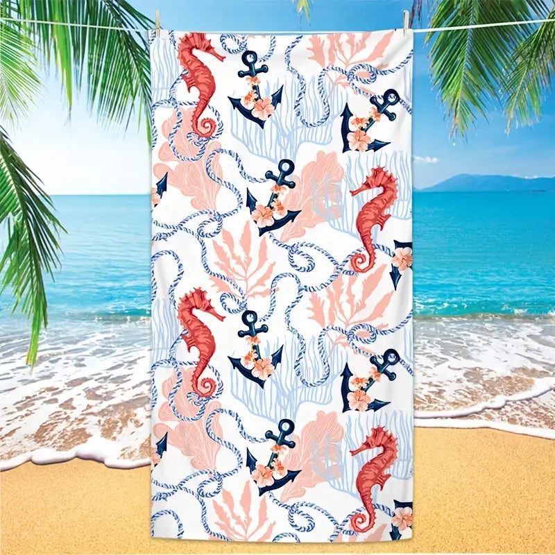 Oversized Seahorse Anchor Print Microfiber Beach Towel