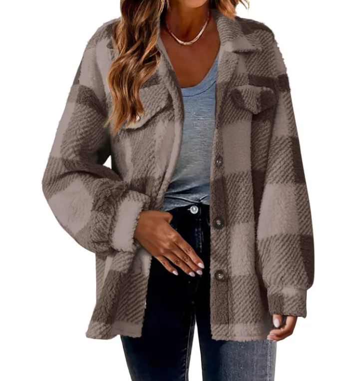 Plush Plaid Women's Autumn & Winter Open Button Lapel Thermal Plaid Pattern Jacket