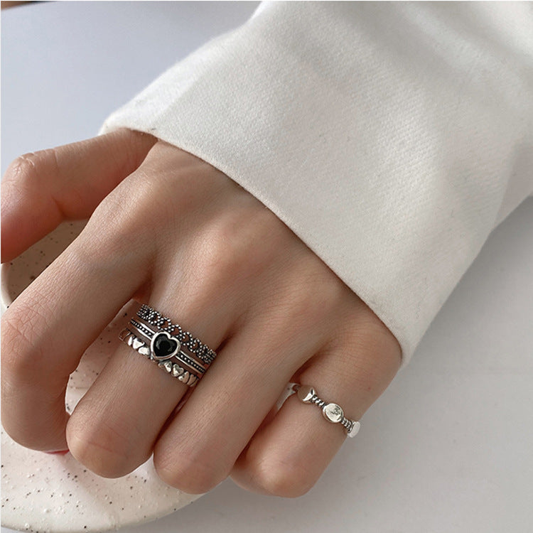 Vintage Heart Three-Layer Ring for Women in Silver