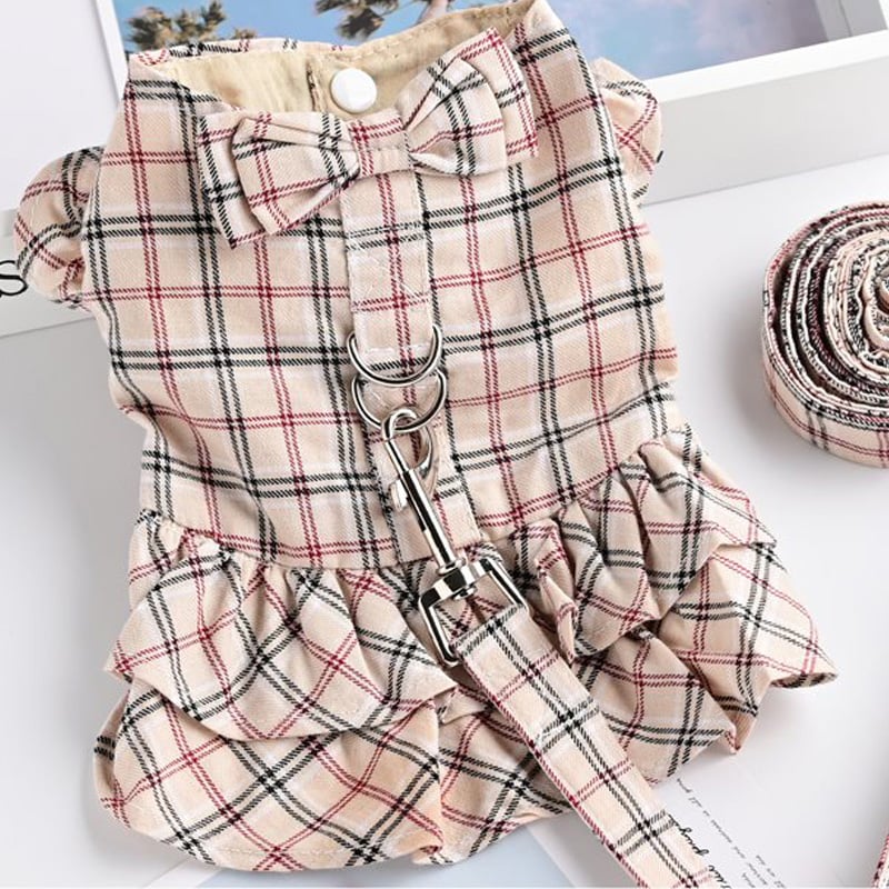 Checkered Dog Waistcoat Skirt with Leash Attachment