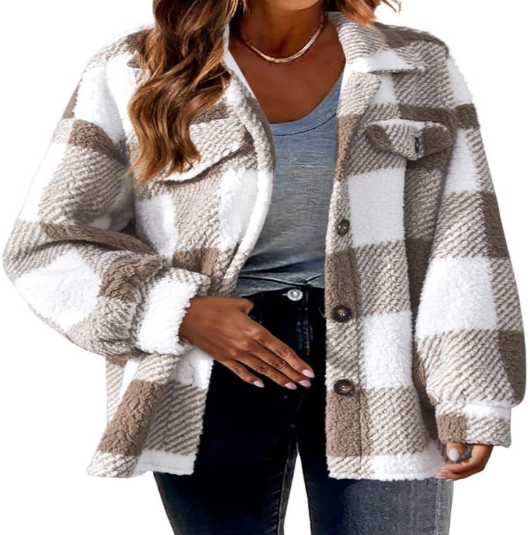 Plush Plaid Women's Autumn & Winter Open Button Lapel Thermal Plaid Pattern Jacket