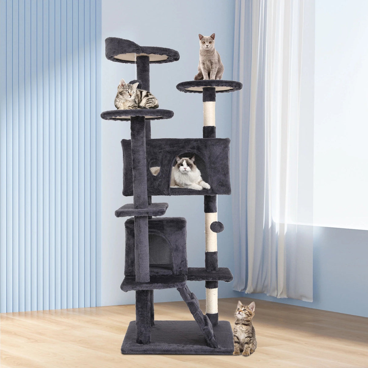 Ultimate 54-Inch Double Condo Cat Tree Tower with Scratching Post & Cozy Perch for Indoor Cats - Stylish Ashy Design