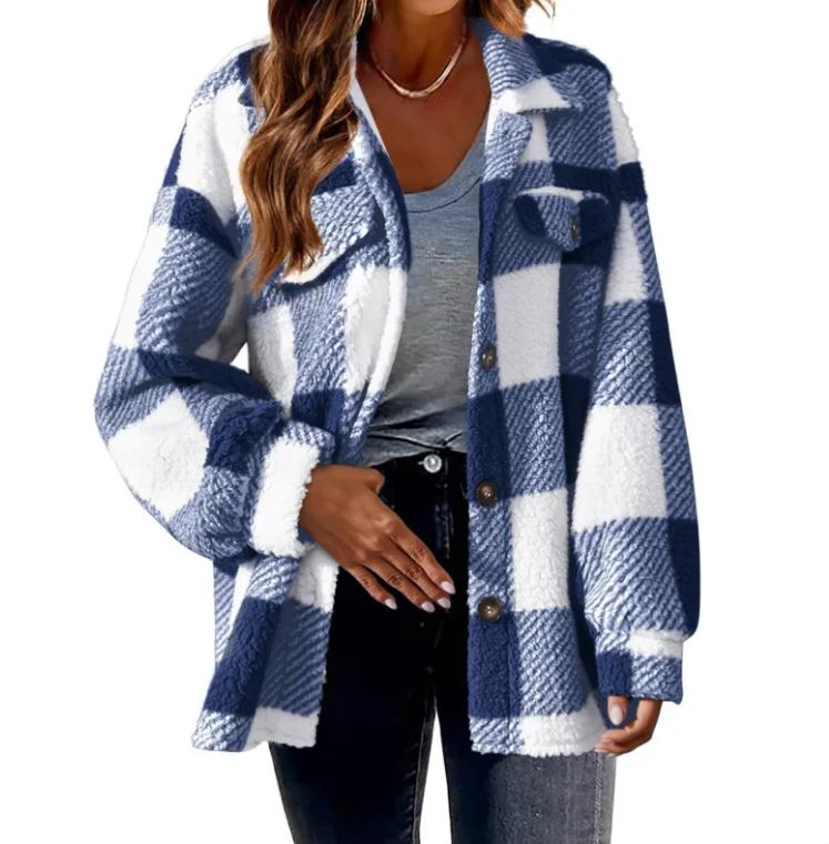 Plush Plaid Women's Autumn & Winter Open Button Lapel Thermal Plaid Pattern Jacket