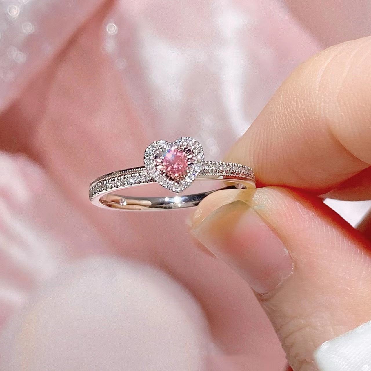 Elegant Pink Love Adjustable Zircon Ring and Bracelet