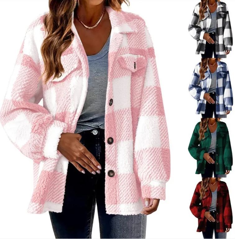 Plush Plaid Women's Autumn & Winter Open Button Lapel Thermal Plaid Pattern Jacket