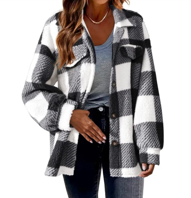 Plush Plaid Women's Autumn & Winter Open Button Lapel Thermal Plaid Pattern Jacket