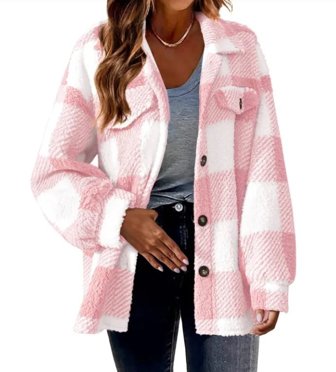 Plush Plaid Women's Autumn & Winter Open Button Lapel Thermal Plaid Pattern Jacket