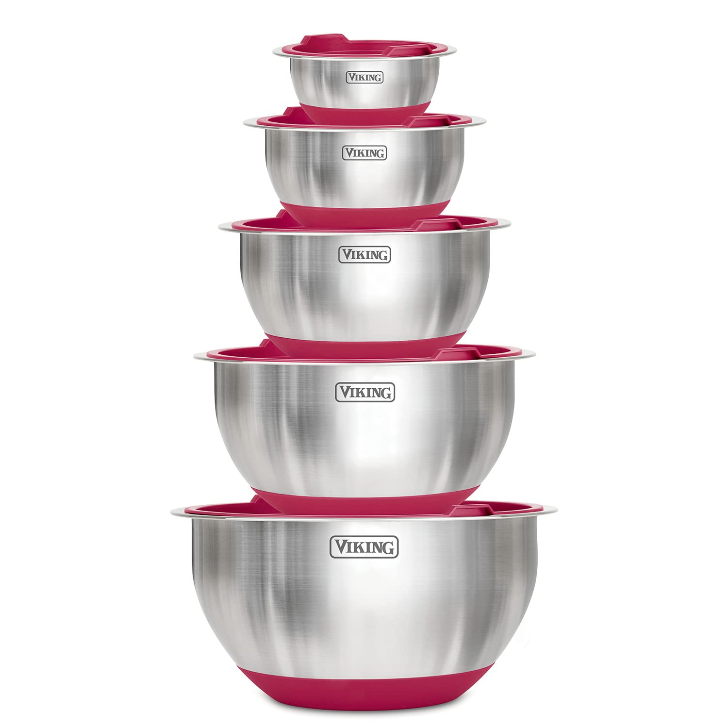Viking Culinary Stainless Steel Mixing Bowl Set 10 piece Non-slip Silicone Base Includes Airtight Lids Dishwasher Safe Red