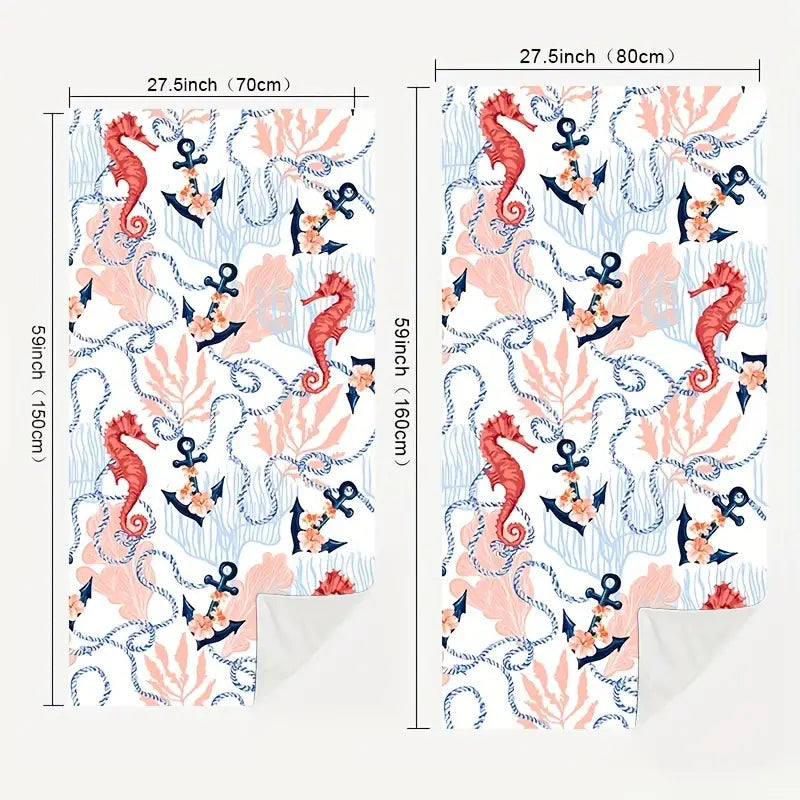 Oversized Seahorse Anchor Print Microfiber Beach Towel