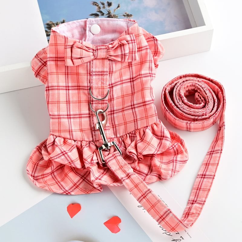Checkered Dog Waistcoat Skirt with Leash Attachment