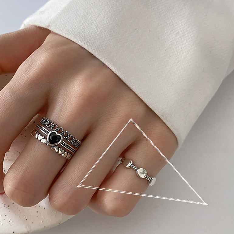 Vintage Heart Three-Layer Ring for Women in Silver