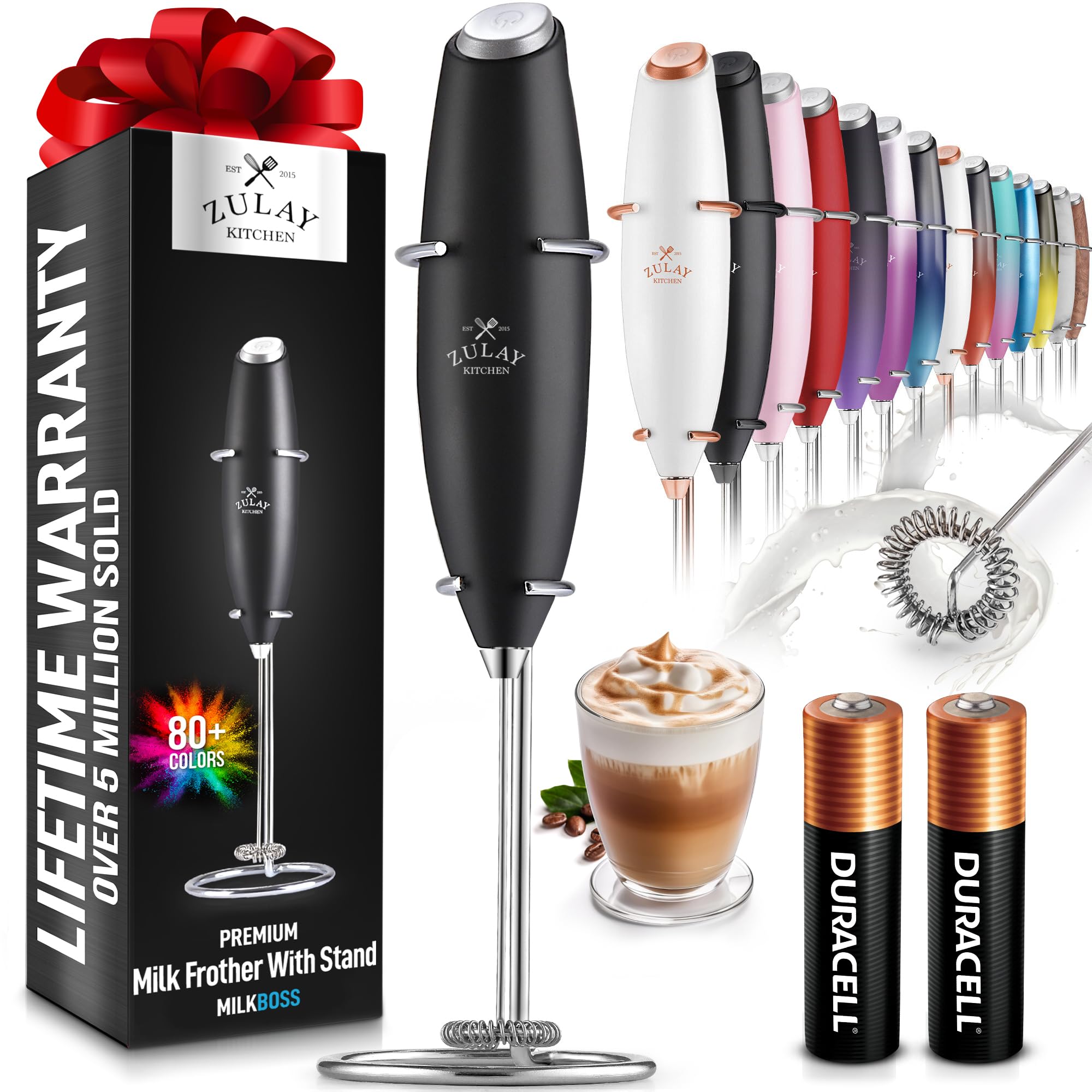 Zulay Kitchen Powerful Milk Frother Wand with 2 Duracell Batteries - Ultra Fast Handheld D