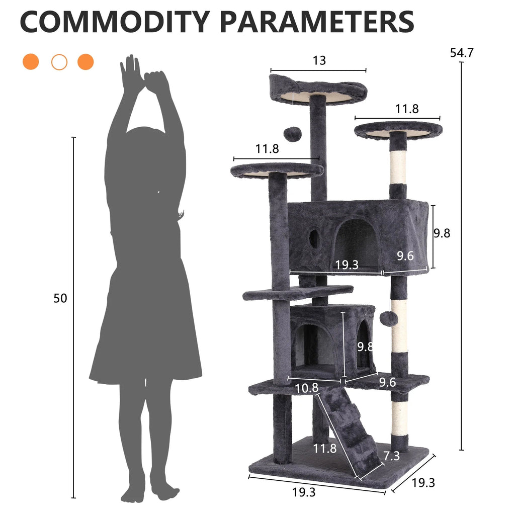 Ultimate 54-Inch Double Condo Cat Tree Tower with Scratching Post & Cozy Perch for Indoor Cats - Stylish Ashy Design