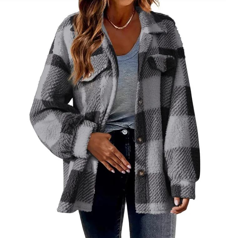 Plush Plaid Women's Autumn & Winter Open Button Lapel Thermal Plaid Pattern Jacket